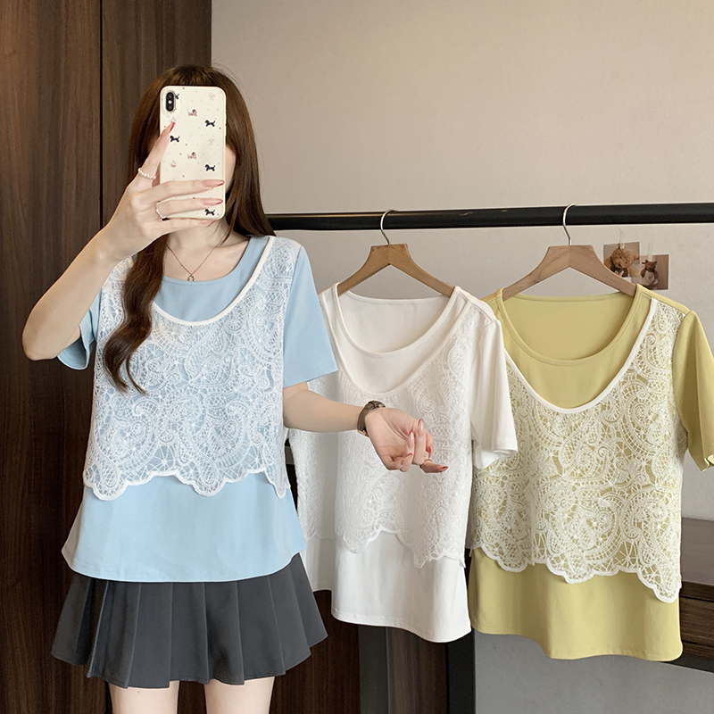Plus Size Sweet Hollow-Out Vest Layered Short Sleeve Faux Two-Piece Top Summer 2026 - Style 964f54