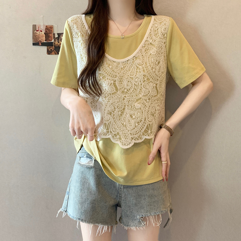 Plus Size Sweet Hollow-Out Vest Layered Short Sleeve Faux Two-Piece Top Summer 2026 - Style 964f54 - Image 2