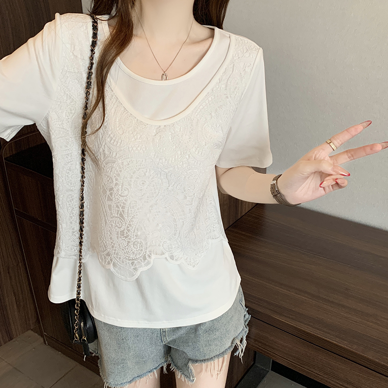 Plus Size Sweet Hollow-Out Vest Layered Short Sleeve Faux Two-Piece Top Summer 2026 - Style 964f54 - Image 4