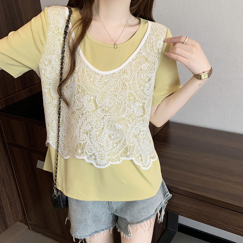Plus Size Sweet Hollow-Out Vest Layered Short Sleeve Faux Two-Piece Top Summer 2026 - Style 964f54 - Image 5