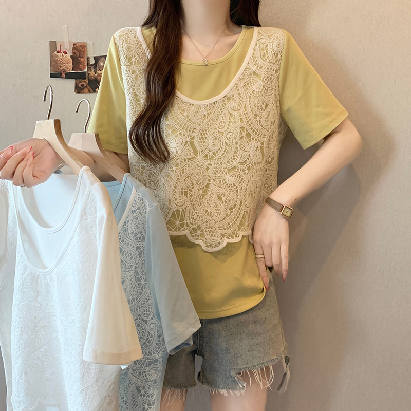 Plus Size Sweet Hollow-Out Vest Layered Short Sleeve Faux Two-Piece Top Summer 2026 – Style 964fa7