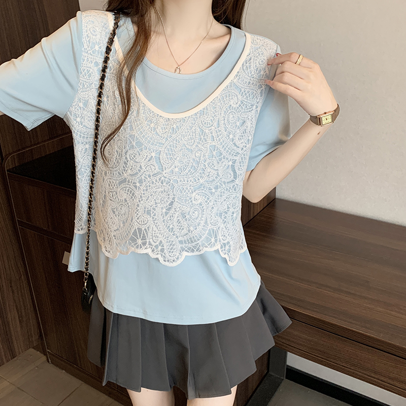 Plus Size Sweet Hollow-Out Vest Layered Short Sleeve Faux Two-Piece Top Summer 2026 - Style 964fa7 - Image 5
