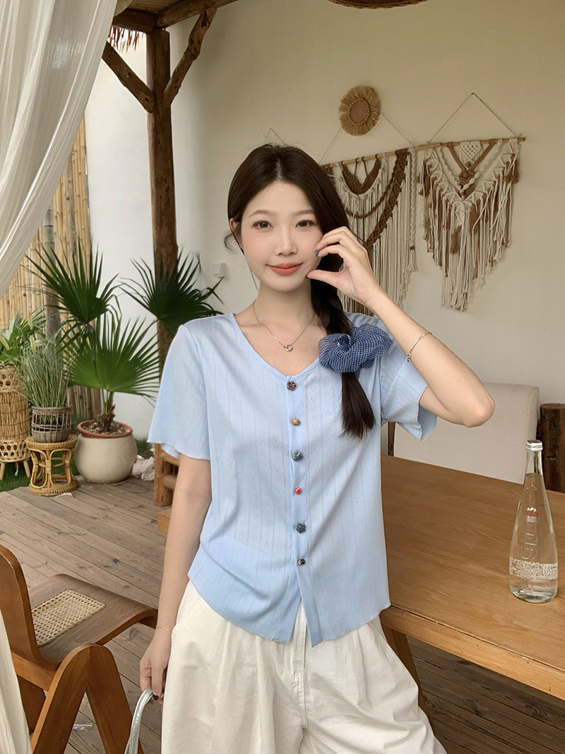 Plus Size V-Neck Rainbow Button Short Sleeve Top Summer 2026 - Style 96e336 - Image 4