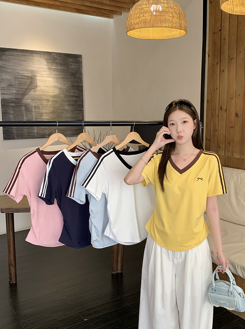 Plus Size Women's American Retro V-Neck Bow Short Sleeve Top Summer 2026 - Style 645953